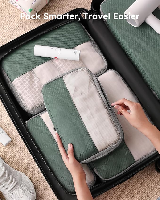 4 Set Compression Packing Cubes for Travel, Bonus Versatile Drawstring Backpack, Lightweight Luggage Organizer Bags, Sturdy Travel Accessories for Suitcase, Dark Green