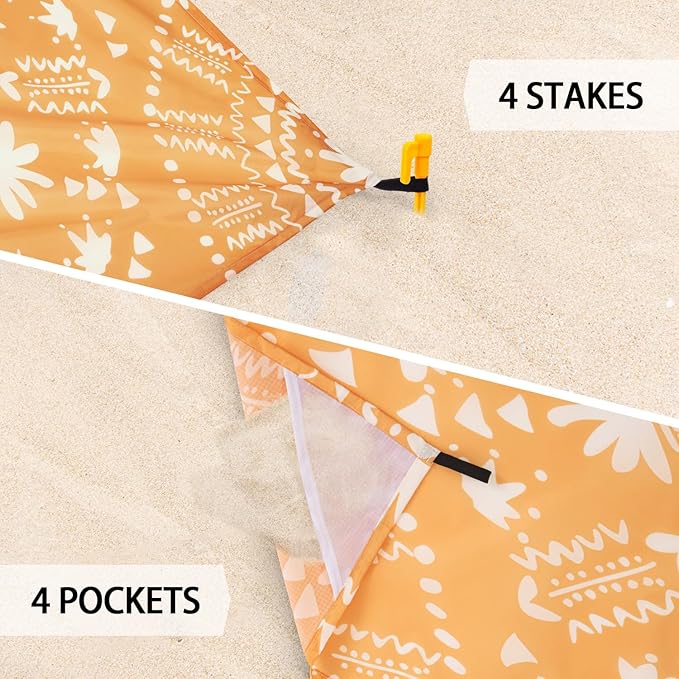 110''×118'' Extra Large Sandproof Beach Blanket 4-8 Adults, Waterproof Foldable Picnic Blankets with 4 Stakes & 4 Pockets, Lightweight Boho Outdoor Beach Mat for Travel, Camping, Hiking