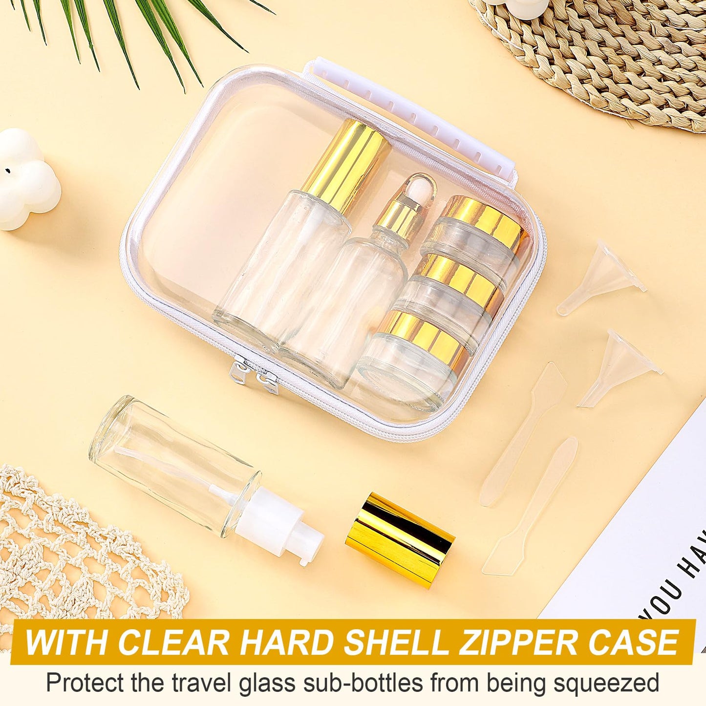 Qiyaz 11 Pcs Glass Travel Bottles with Clear Hard Zipper Case Skin Care Containers Travel Size Mini Makeup Containers Tsa Approved with Pump Spray for Liquid Toners Serum Cream(Gold,Style 1)
