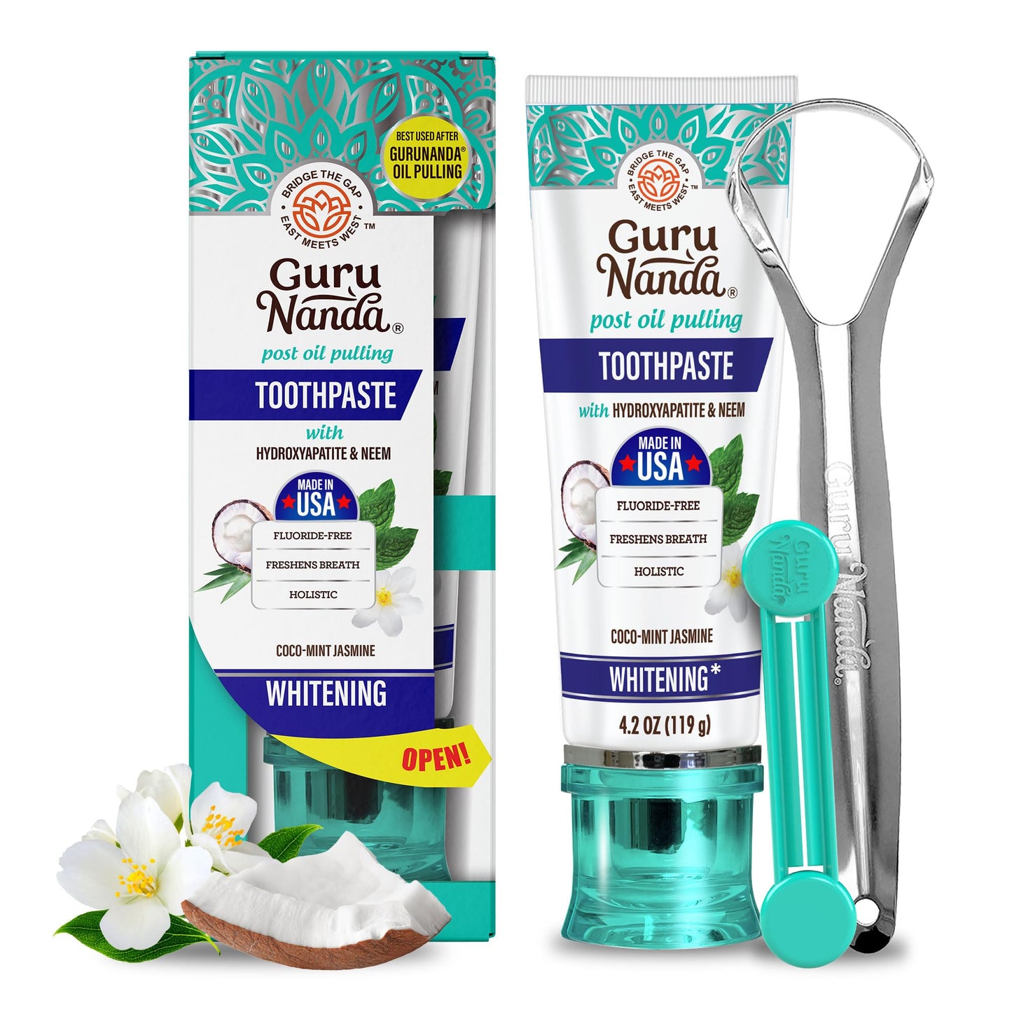 GuruNanda Hydroxyapatite Toothpaste, SLS & Fluoride Free, Whitening Toothpaste - Freshens Breath, Fights Plaque - Natural CocoMint Jasmine Neem, 4.2oz