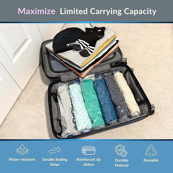 18 Pack Compression Bags for Travel, Roll Up Space Saver Bags for Clothes Storage, Compact Packing travel organizer for Luggage, Suitcase, Backpack, No Pump or Vacuum Needed