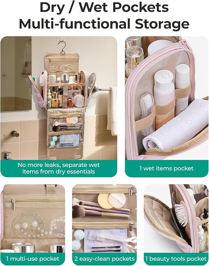 BAGSMART Puffy Travel Makeup Bag, Portable Hanging Toiletry Organizer with Removable Partition, Organizer for Travel-Sized Shampoo, Conditioner, Brushes Set, makeup Accessories, Camel