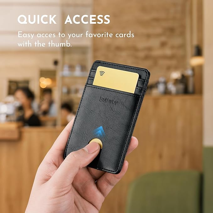 Buffway Mens Slim Wallet, Minimalist Thin Front Pocket Leather Credit Card Holder with RFID Blocking for Work Travel