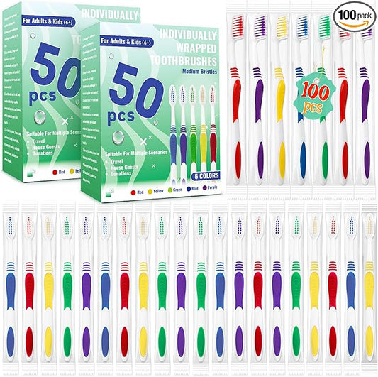 100 Pcs Toothbrush Bulk Disposable, Travel Toothbrushes Pack, Soft Bristle Individually Wrapped and Good Cleaning for Kids, Adult and The Elderly. Suitable for Hotel, Travel, Home, Donated