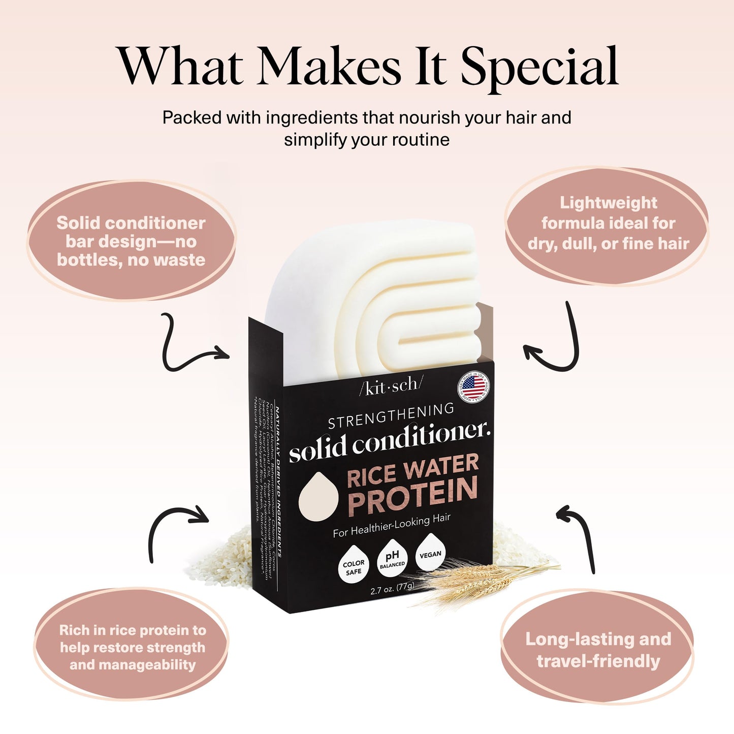 Kitsch Rice Water Hair Conditioner Bar – Soap Bar for Hair Care & Hair Growth – Conditioner for Women and Men – Moisturizing & Strengthening – Paraben, Silicone & Sulfate-Free - Made in USA – 2.7 oz