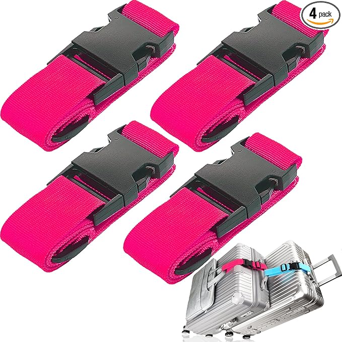 4Pack Luggage Straps for Suitcases, Travel Connector for Carry On Bag, Add Bag to Connect Two Suitcases, Adjustable Belt Attachment Accessories for Connect Your 3 Luggages, Rose