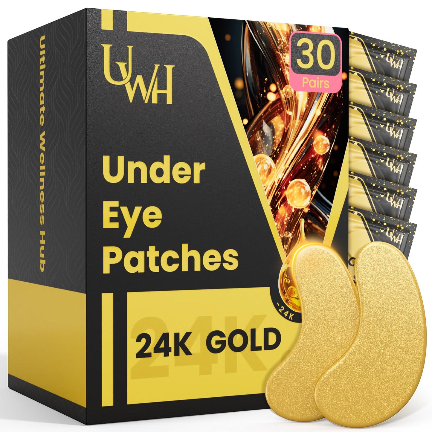 UWH 30P Under Eye Patches for Dark Circles and Puffy Eyes | Infused Gel Under 24K Gold Eye Masks for Skin Care of Puffiness & Eye Bags Treatment for Women Ideal for Beauty Care (30 Pairs, 24K Gold)