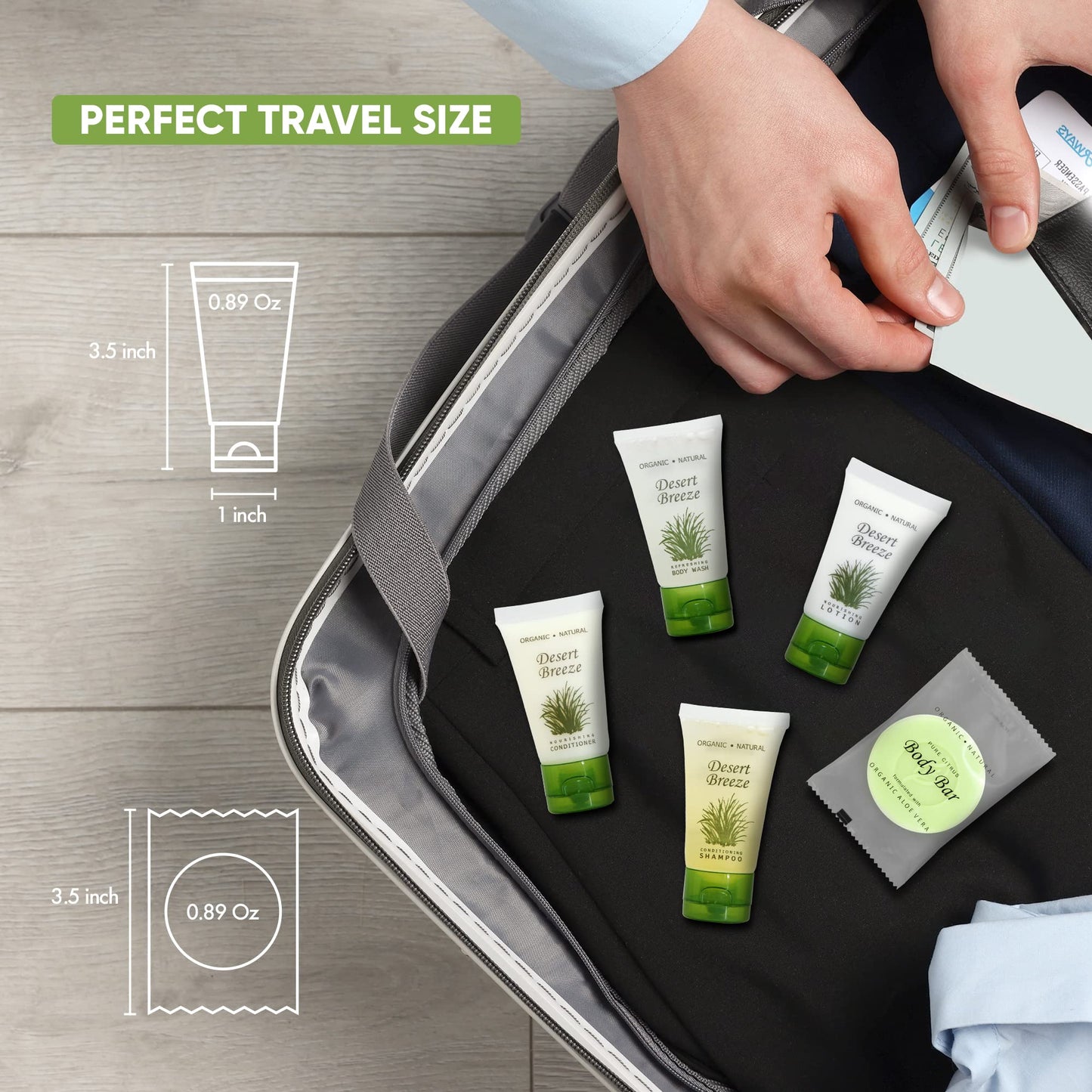 Desert Breeze Hotel Soaps & Toiletries Bulk Set | 1-Shoppe Amenities Kit | 1oz Shampoo & Conditioner, Body Wash, Lotion, Bar Soap | Travel Size | 150 Pieces