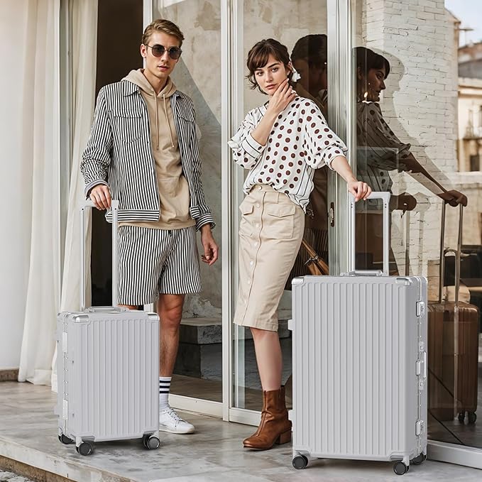 AnyZip Luggage Sets 2 Piece Aluminum Frame Carry On and Checked Suitcase PC ABS Hard Shell TSA Lock No Zipper(Silver, 20/28)