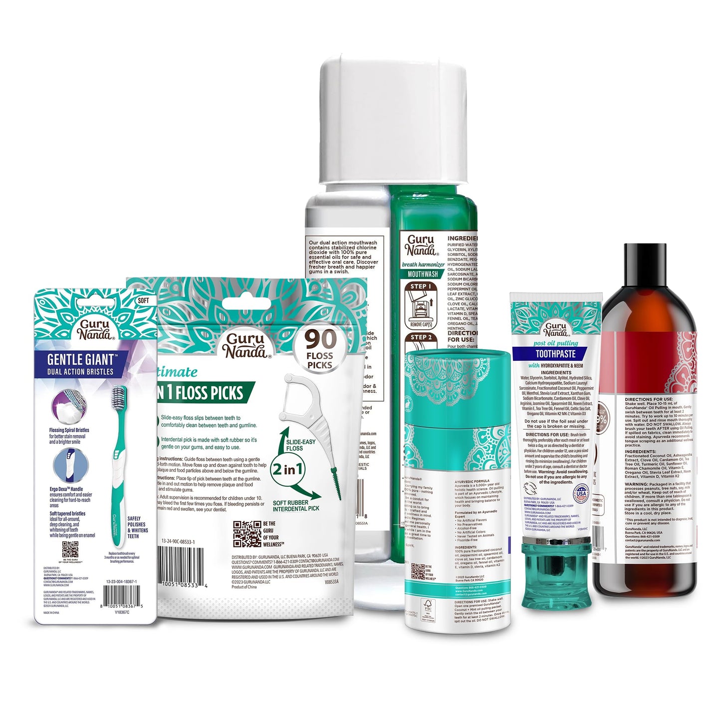 GuruNanda Gum Hygiene Makeover Kit with Ashwagandha & Cocomint (Travel Size) Oil Pulling, Neem Toothpaste, Breath Harmonizer Mouthwash, 2-in-1 Floss Picks & Whitening Toothbrushes