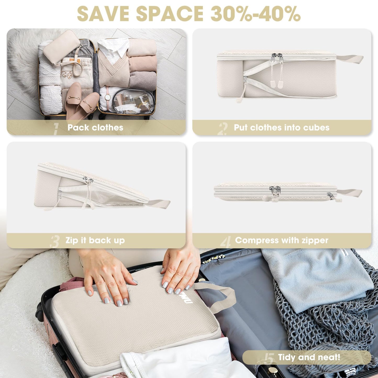 8 Set Compression Packing Cubes for Travel, Expandable Compression Cubes for Suitcases, Lightweight Suitcase Organizer with Shoes & Laundry Bags, Travel Accessories for Men Women (Beige)