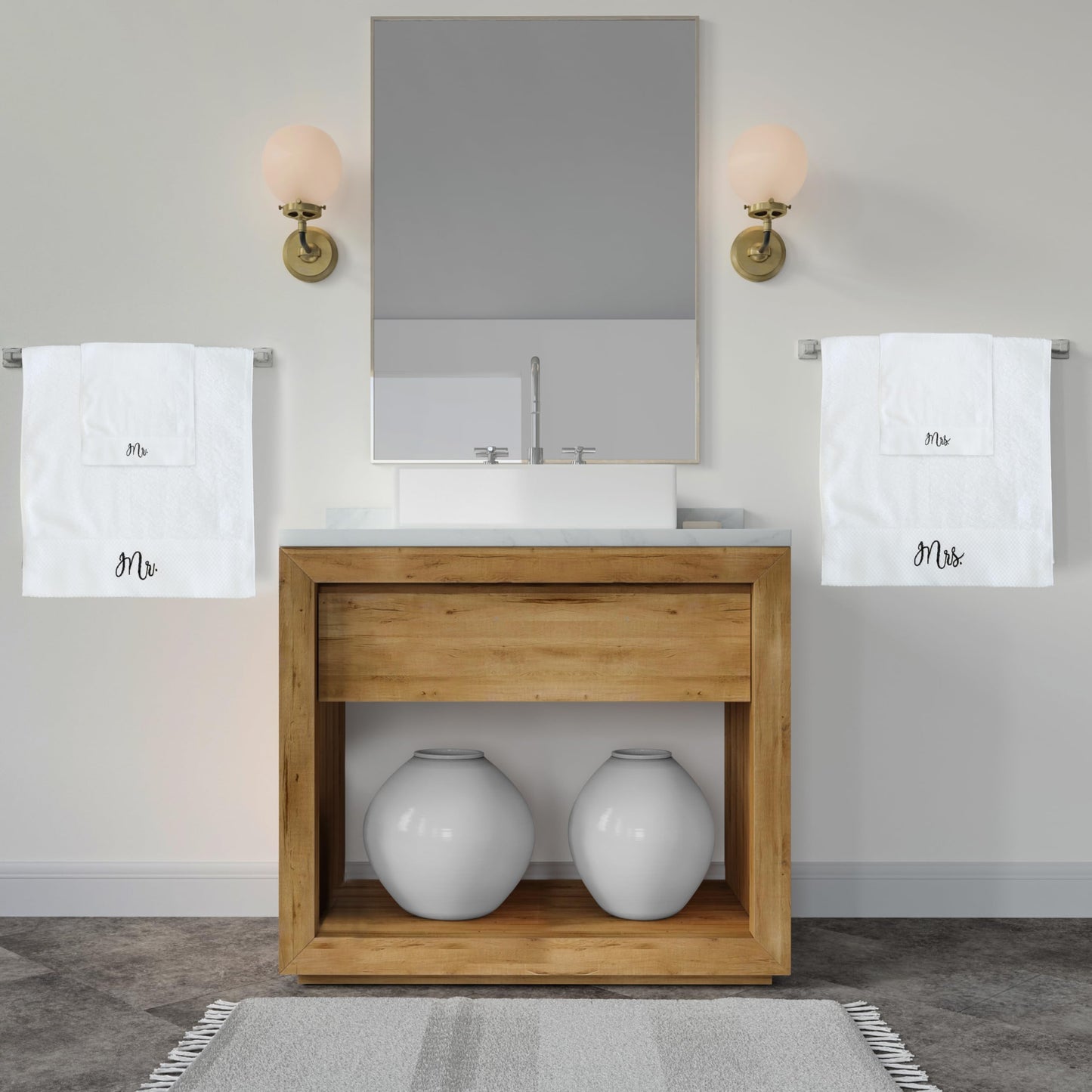 RUBBER BOND Mr and Mrs Towels Set with Gift Box - 4 Pack Bath and Hand Towels - Cotton Towels Set - Wedding, Honeymoon Gifts for The Couples - White Bathroom Towel Set with Black Embroidery