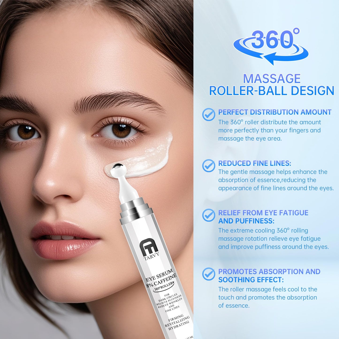 Eye Serum, Under Eye Cream For Dark Circles, 8% Caffeine Eye Serum For Women & Men, Eye Cream Anti Aging With 360° Massage Ball, Eye Cream For Puffiness And Bags Under Eyes, Eye Serum For Fine Lines