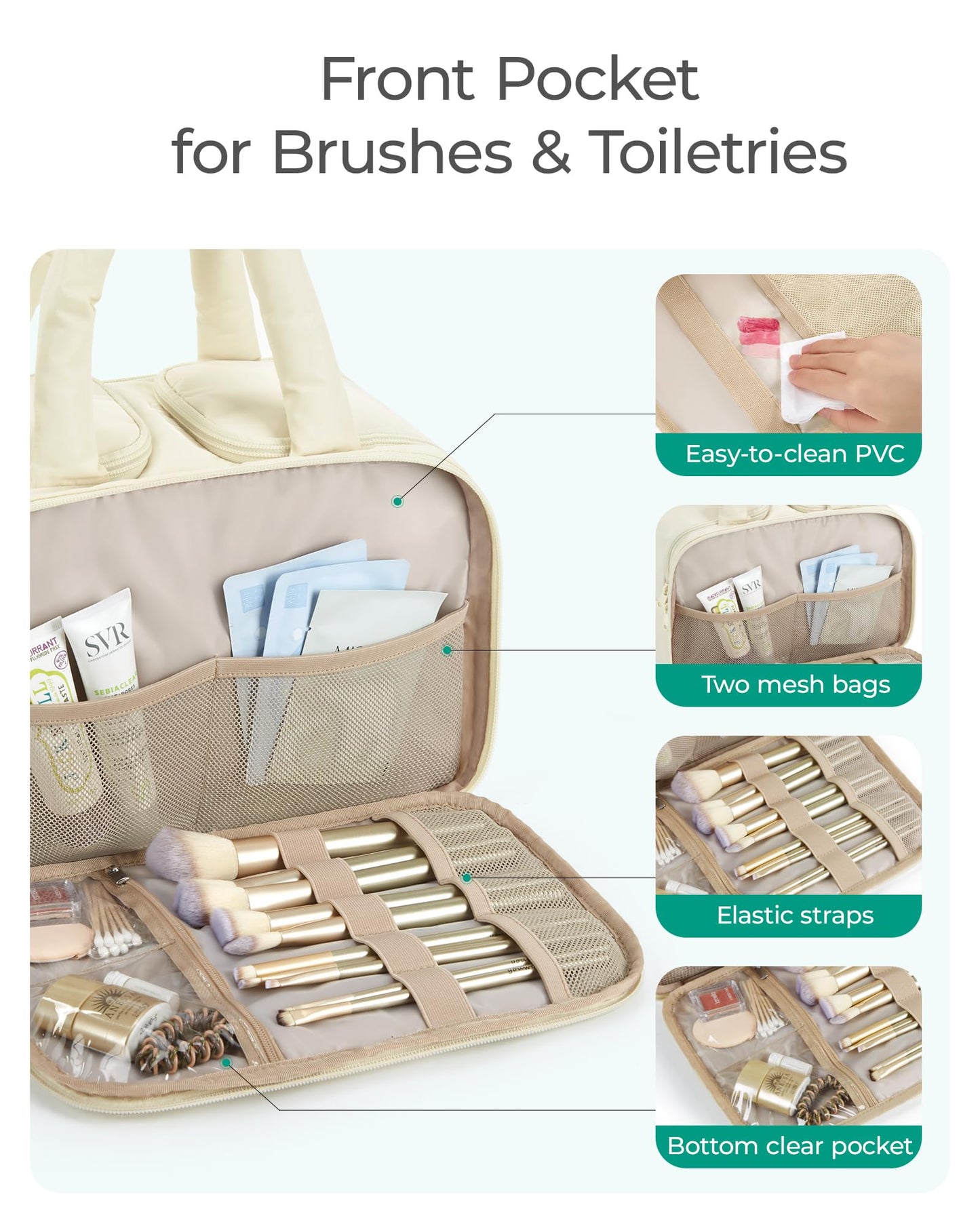 BAGSMART Travel Toiletry Bag, Puffy Large Toiletry Bag for Women, Lightweight Cosmetic Makeup Bag Organizer with Handle for Traveling, Accessories, Essentials, Toiletries （Beige