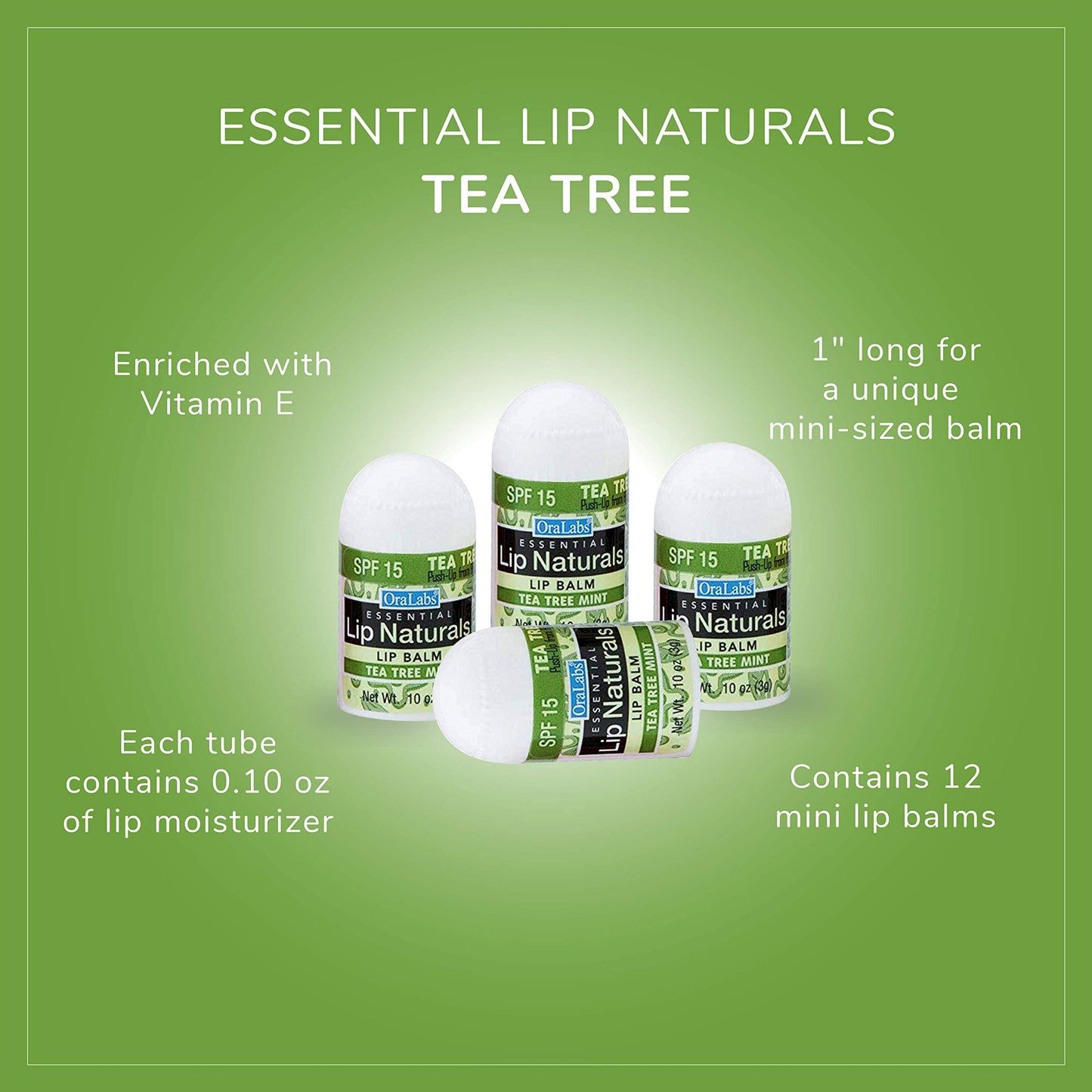Lip Naturals® | Mini Tea Tree Balm with Sunscreen (SPF-15) | Made in USA with Coconut Oil, Tea Tree Oil, and Peppermint Oil | 12-Count Mini Lip Balm Pack with Tea Tree Mint Flavor (0.10oz/3g Each)