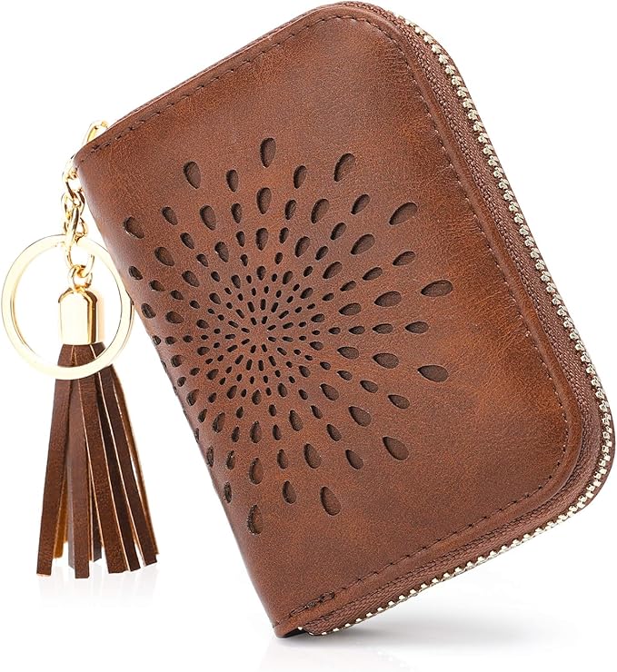 APHISON RFID Credit Card Holder Zipper Card Case Keychain Small Wallet for Women 1927 COFFEE