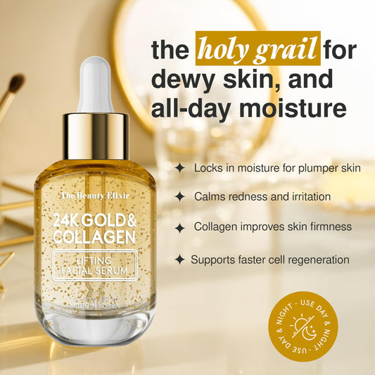 The Beauty Elixir Collagen Serum For Face with 24k Gold - Dermatologist Tested - Anti Aging, Ultra Hydrating, Fine Lines & Wrinkle Treatment - Clean Beauty Korean Skin Care for All Skin Types - 1.69oz