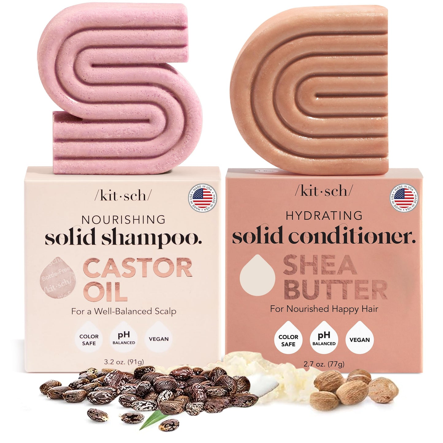 Kitsch Castor Oil Shampoo & Shea Butter Conditioner Bar – Shampoo and Conditioner Set - Hydrating & Moisturizing Bar Soap - Free of Paraben, Silicone, Sulfate - Made in USA - 2pc Set
