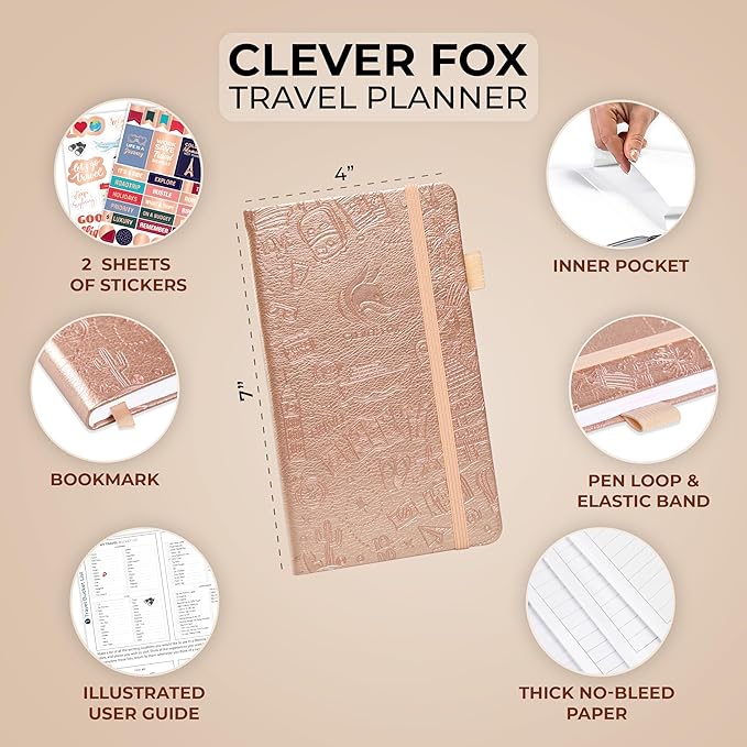 Clever Fox Travel Journal Pocket – Vacation & Road Trip Itinerary Planner Organizer & Traveling Memory Diary – Small Traveler Notebook (Rose Gold)