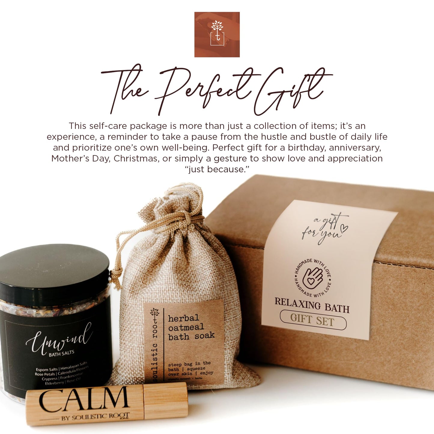 Soulistic Root Relaxing Bath Gift Set, Luxury Spa Gifts for Women, Self Care Products for Women and Men, Calm Essential Oil Roller, Oatmeal Lavender Bath Soak & Epsom Salts with Essential Oils