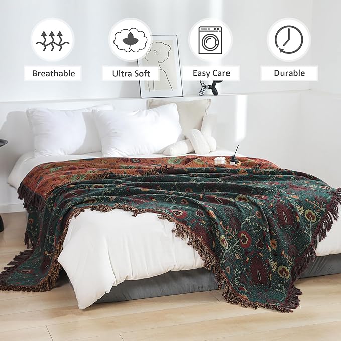 Boho Throw Blanket for Bed 100% Cotton Ultra Soft Rustic Quilt Farmhouse Decor Bed Fall Blanket,All Season Rustic Throw for Sofa Couch Chair (Flower-Dark Green, 90"×98")