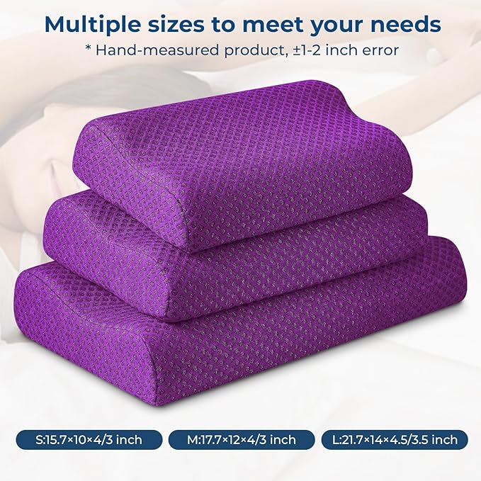 Travel Pillow Memory Foam Pillows, Ergonomic Wave Cervical Neck Pillow for Neck Pain Relief, Compressible Medium Firm Side Sleeper Pillow, Ideal for Camping, Office, Home & Bed (Purple, S)