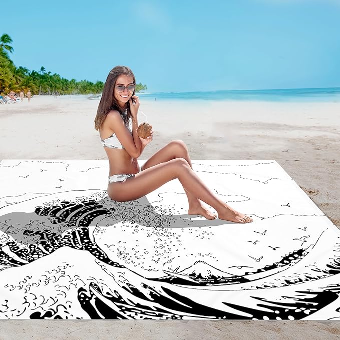 Beach Blanket, Waterproof Sandproof Beach Mat with 4 Stakes & 4 Pockets, 78''×86'' Lightweight Outdoor Picnic Blanket for Travel, Camping, Hiking
