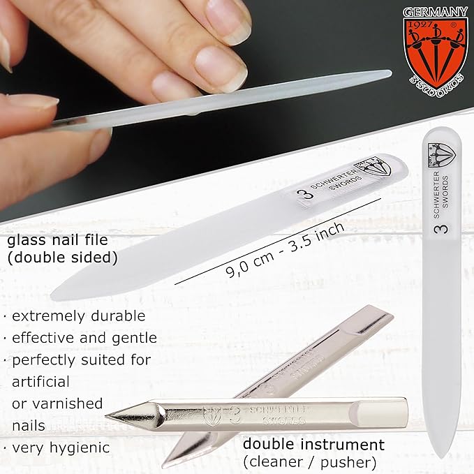 3 Swords Germany - Brand Quality 6 Piece Manicure Pedicure Grooming kit Set - Scissors, Metal and Glass Nail File, Clipper, Tweezers with Synthetic Leather case - Brown