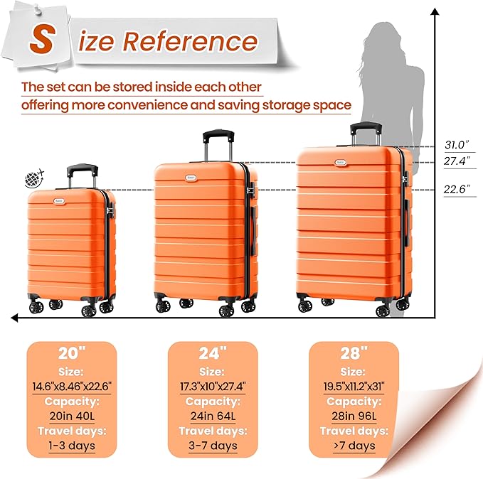 AnyZip Luggage Sets 3 Piece Hardshell Suitcase Set PC ABS Lightweight Travel Suitcases with 4 Double Spinner Wheels TSA Lock 20 24 28 Inch Orange