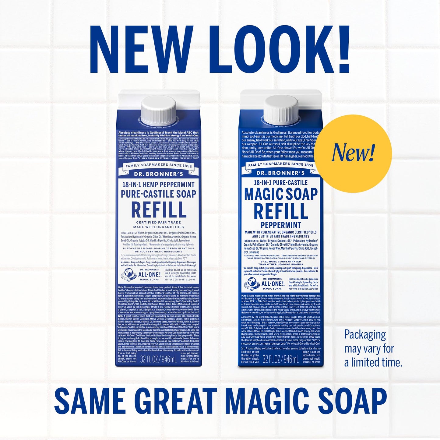 Dr. Bronner's Pure-Castile Liquid Magic Soap Bottle & Refill Carton - Made with Regenerative Organic Certified Oils- 18-in-1 Uses for Face, Body Wash, Hand Soap Refill- Peppermint, 32oz