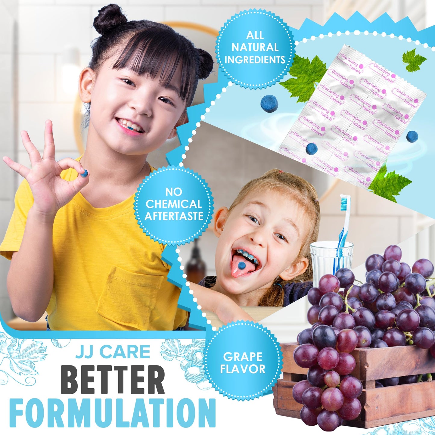 JJ Care Disclosing Tablets for Kids - 60 Count, Individually Wrapped Plaque Disclosing Tablets for Kids Brushing Teeth, Grape Flavored Plaque Remover, Dental Care for Teeth Brushing