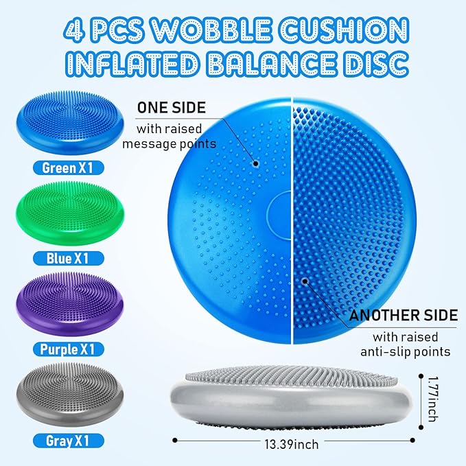 Jerify 4 Pcs Wiggle Seat Flexible Inflated Wobble Cushion Stability Balance Pad Balance Disc Sensory Seat for Men Women Fitness Physical Exercise Improving Posture Home Office