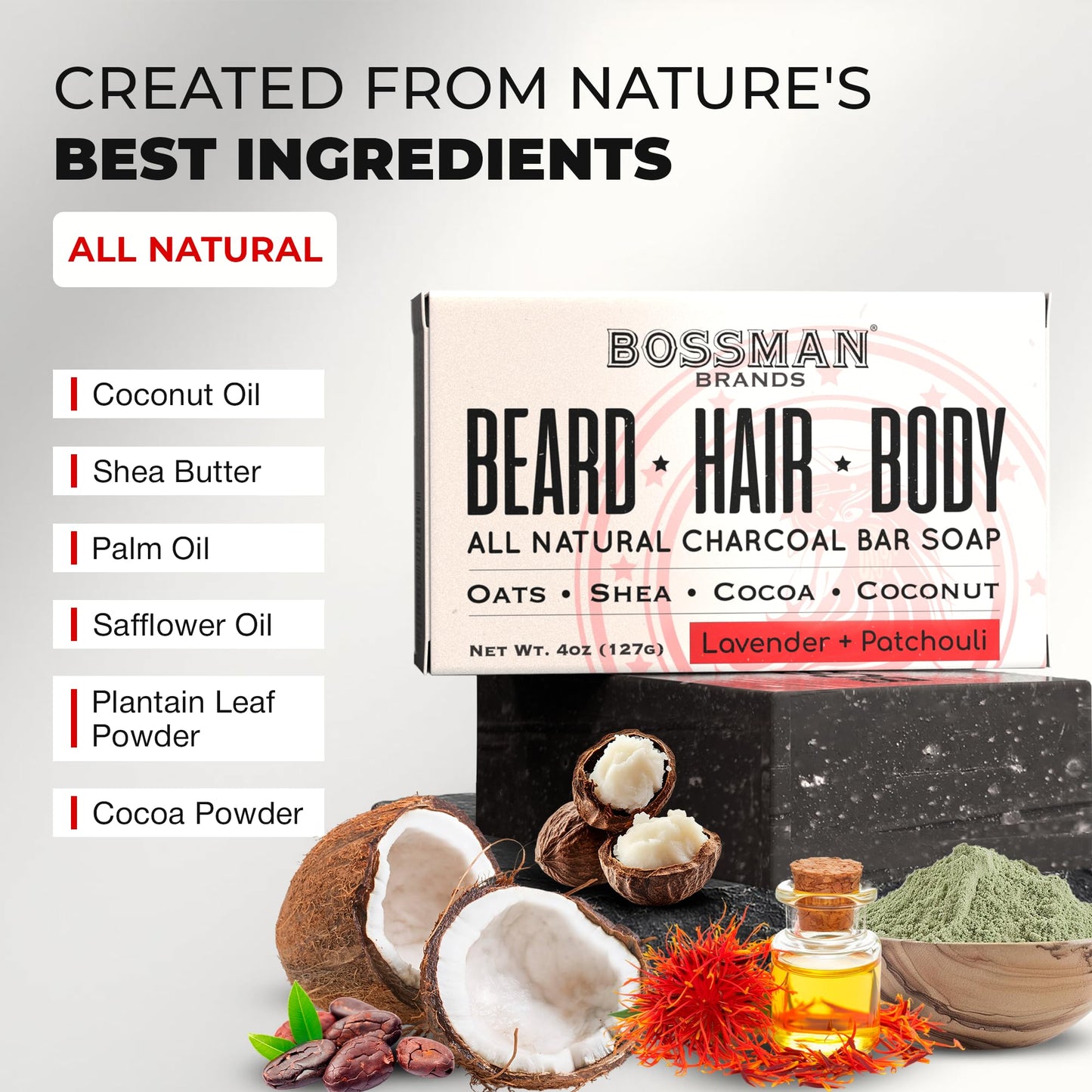 Bossman 4-in-1 Bar Soap for Men (4 oz) – All-Natural Beard Wash, Shampoo, Body Wash & Shaving Soap – Lavender & Patchouli Scent