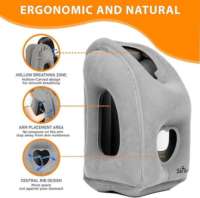 Inflatable Travel Pillow - Airplane Pillow for Neck Support on Long Flights, Buses, Cars, Office & Trains - Comes with Eye Mask, Earplugs & Portable Drawstring Bag - Grey