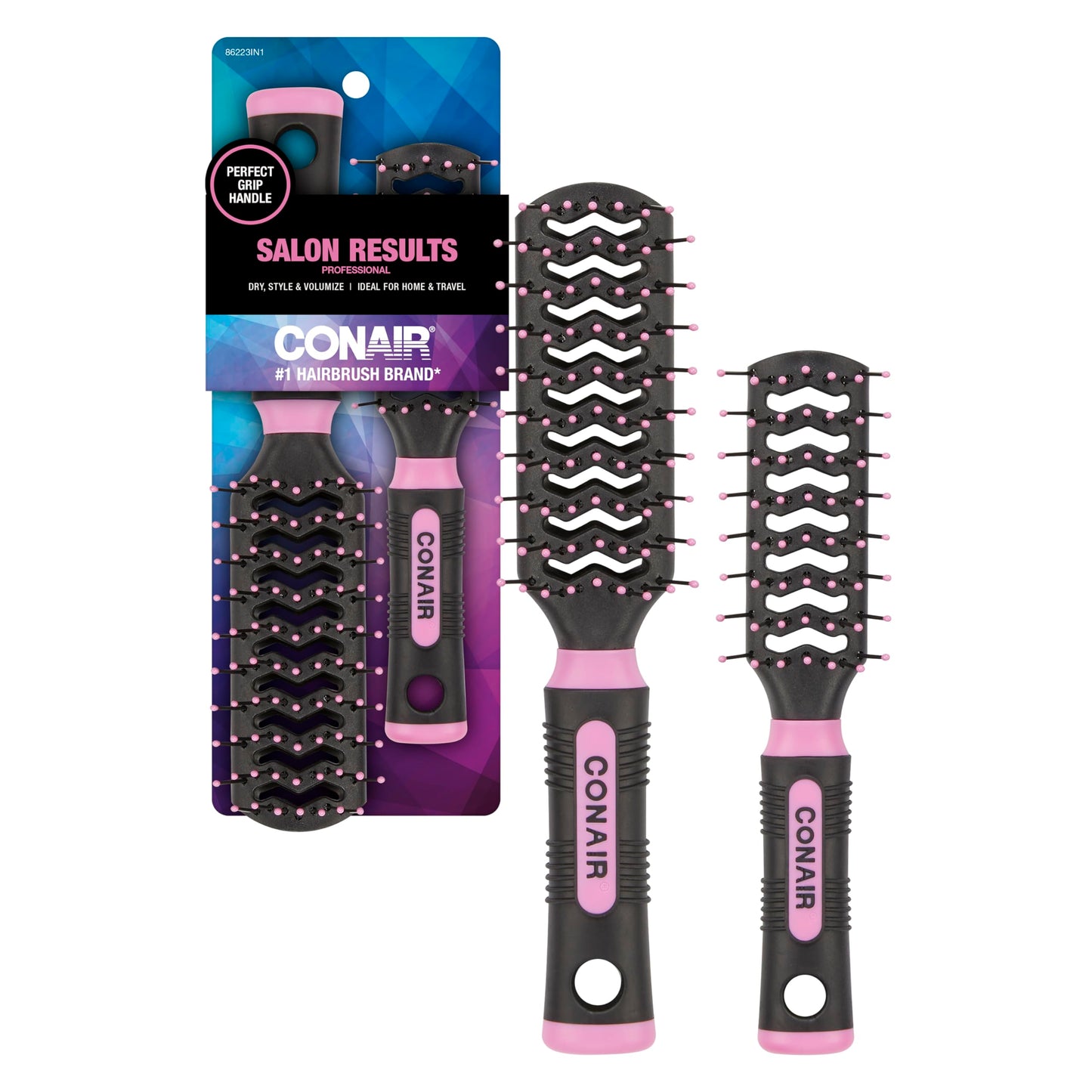 Conair Salon Results Vent Hairbrush Set - Detangling Hair brush - suitable for men and women - features Travel + Full-size - Pink/Black