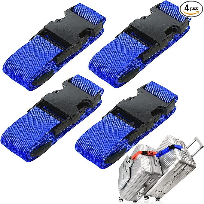 4Pack Luggage Straps Add Bag Luggage Straps to Connect Two Suitcases, Adjustable Luggage Belt Connector for Carry On, Travel Attachment Accessories to Hold Suitcases Together, Blue