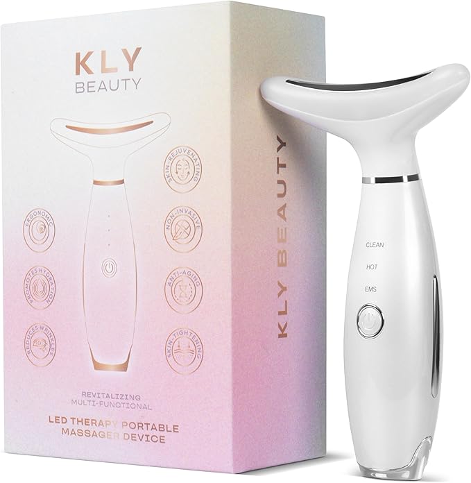 KLY Beauty Face & Neck Massager – 7-Color LED Light Therapy Device with Soothing Heat & Vibration for Relaxation and Skin Rejuvenation – White