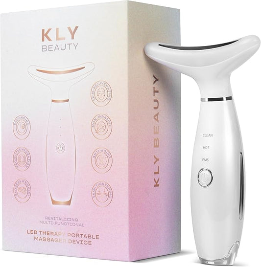 KLY Beauty Face & Neck Massager – 7-Color LED Light Therapy Device with Soothing Heat & Vibration for Relaxation and Skin Rejuvenation – White