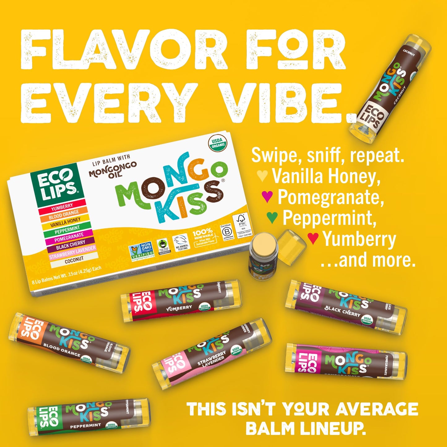 Mongo Kiss USDA Organic Lip Balm Set 8-pack (0.15 oz. each) with Mongongo Oil & Cocoa Butter to Moisturize Chapped Lips | Made in USA by Eco Lips (Variety)
