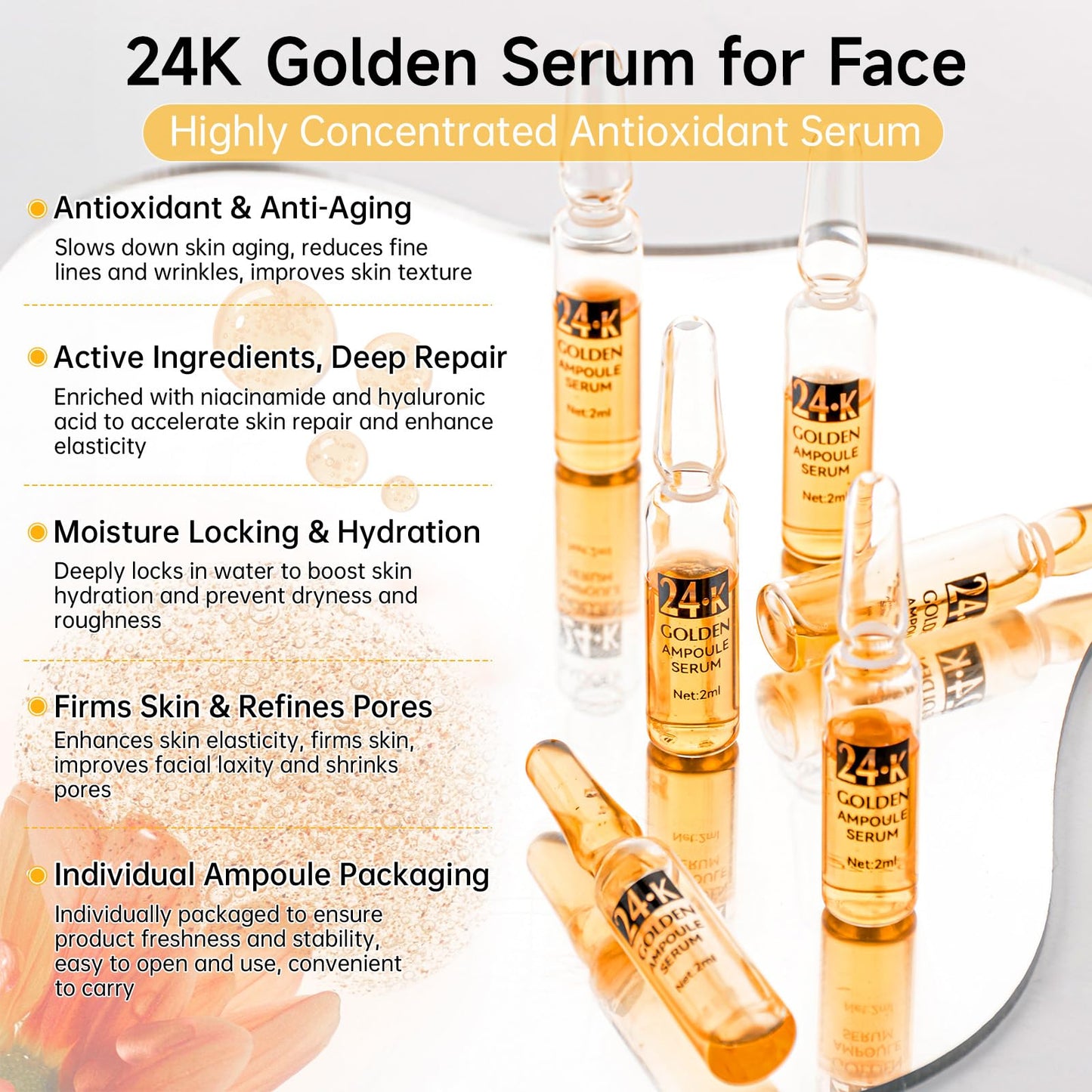 24K Gold Serum Ampoule, Anti Aging 24K Gold Serum for Face, Moisturizes & Soothes Skin, Boosts Firmness & Hydration, Golden Foil Particles Reduces Fine Lines, Wrinkles, Dryness, 3 Boxes of 21