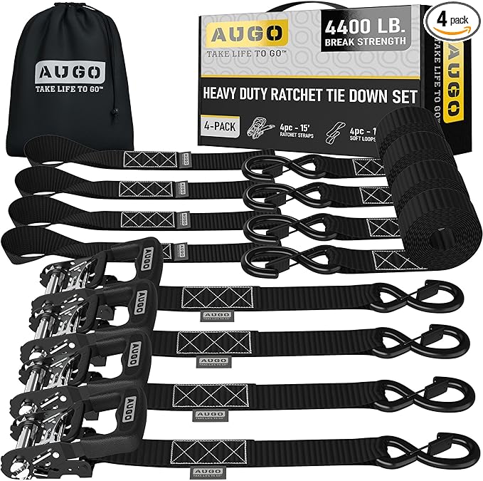 AUGO Heavy Duty Ratchet Straps & Soft Loops – Pack of 4 Extra Strong 1.5” by 15’ Ratchet Straps w/S-Hook Safety Latches & 4 Soft Loop Tie Downs – 4400Lb Break Strength for Motorcycles, ATVs, Etc.