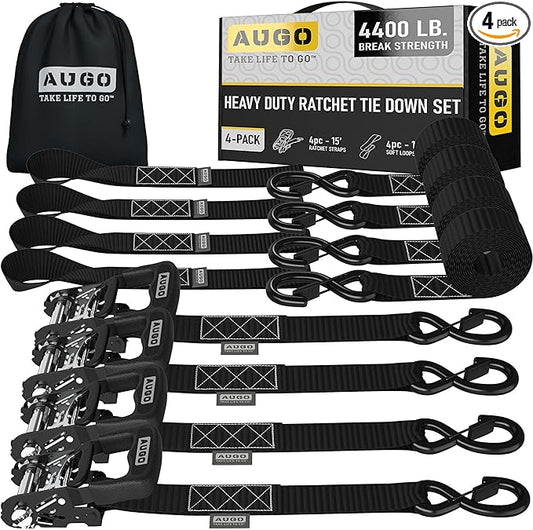 AUGO Heavy Duty Ratchet Straps & Soft Loops – Pack of 4 Extra Strong 1.5” by 15’ Ratchet Straps w/S-Hook Safety Latches & 4 Soft Loop Tie Downs – 4400Lb Break Strength for Motorcycles, ATVs, Etc.