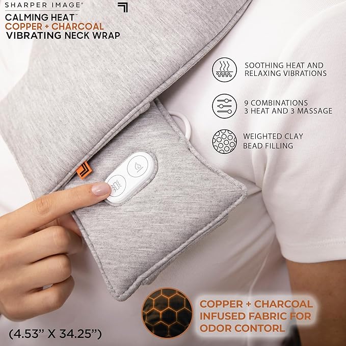 Calming Heat Neck Wrap by Sharper Image Copper & Charcoal Infused Personal Electric Neck Heating Pad with Vibrations, 3 Heat & 3 Vibration Settings- 9 Relaxing Combinations