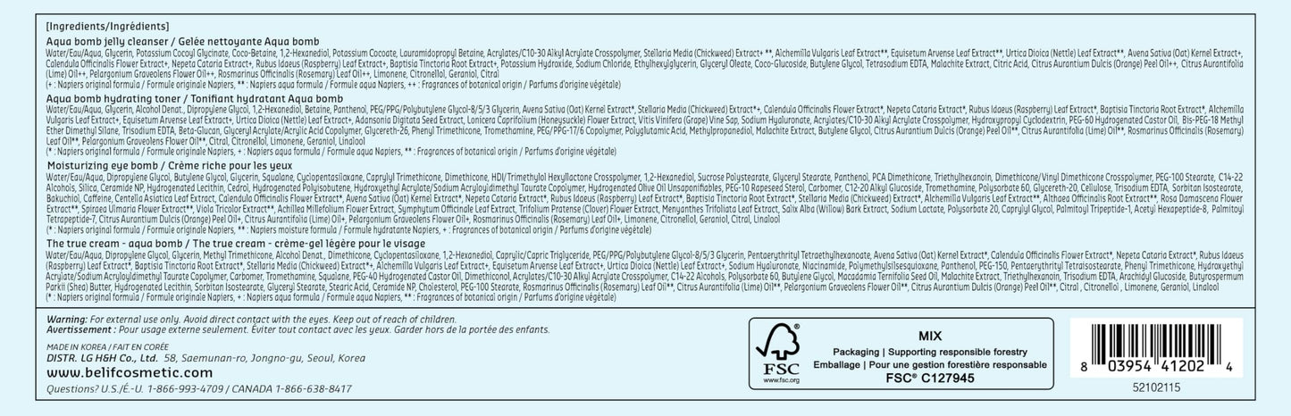 belif Aqua Bomb Dive Into Hydration Set | Korean Skin Care | Korean Moisturizer | Makeup Remover | Korean Toner | Eye Cream | Value Set | Gift Set | Aqua Bomb, Cleansing Balm, Hydrating Toner,Eye Bomb