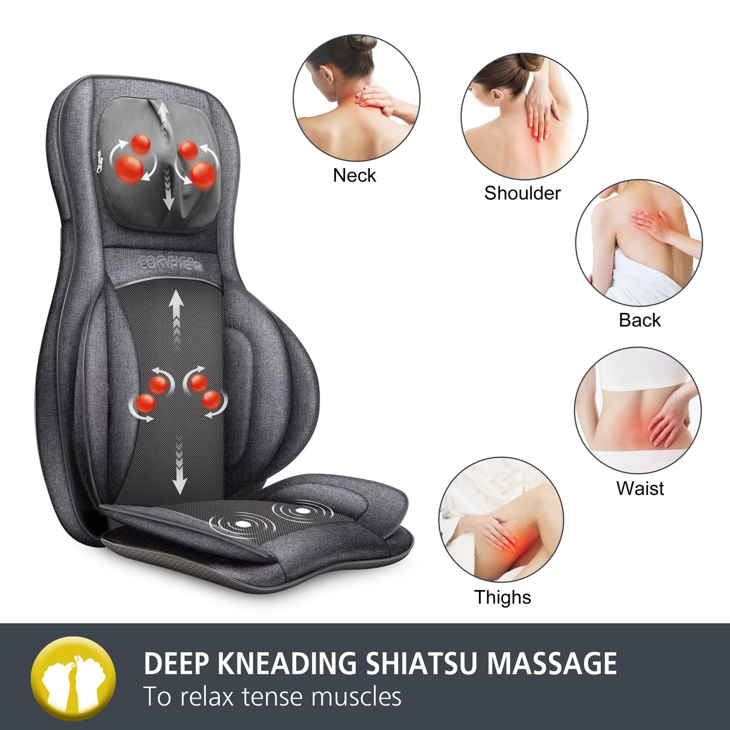 COMFIER Neck Back Massager with Heat, Compression 2D/3D Shiatsu Massager Chair Pad, Multiple Settings Massage Seat for Full Body Office Home Use
