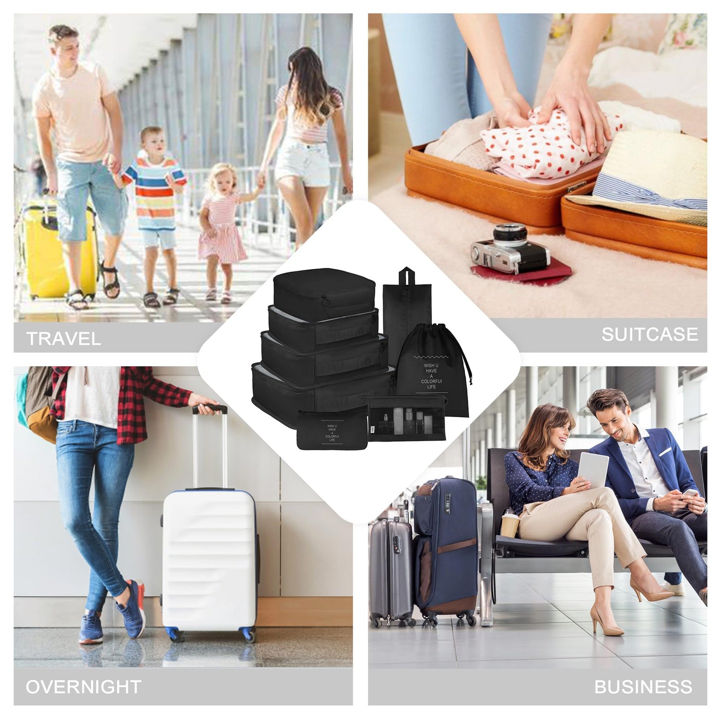 Vercord 8 Set Travel Packing Cubes Luggage Organizers Cubes for Suitacse With Toiletry Bag Black