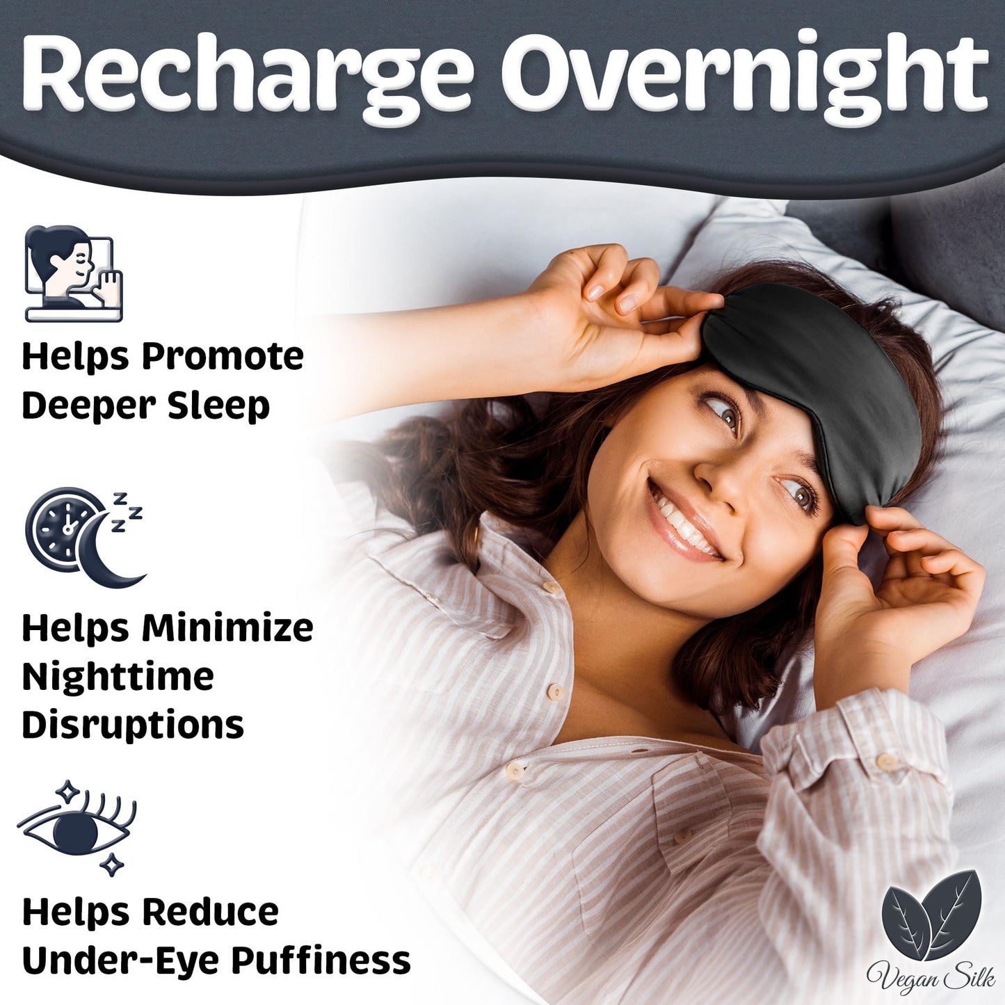 Vegan Silk - Sleep Mask - Black, 100% Tencel - Eye Mask - Blackout Blindfold for Women & Men - Reusable Eye Cover for Travel - Comfortable, Lightweight & Contoured Sleeping Shades