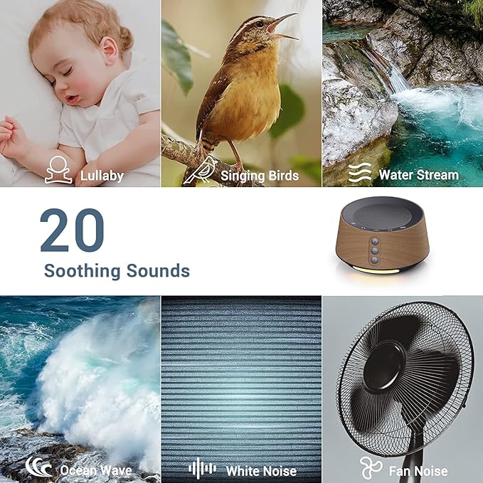 BGOVERSS White Noise Sound Machine with 20 Soothing Sounds, 10 Colors Night Light Sleep Machines Home Office Travel, 5 Timers and Memory Feature Sound Machine for Nursery Baby Kids Adults (Wood)