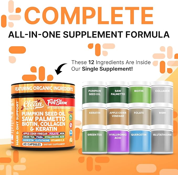 Clean Nutra Pumpkin Seed Oil Saw Palmetto Biotin Collagen Keratin MSM Folate Hyaluronic Acid Supplements B12 Zinc Hair Supplement for Women Men Iodine 5-MTHF B-12 Vitamin B9-60 Vegan Capsules Count
