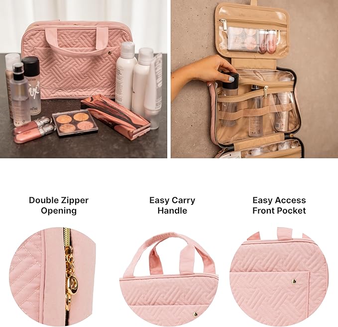 Carrywell |Not Made In China| Hanging Toiletry Travel Bag For Women, Makeup Organizer Case, Water-Resistant Cosmetic Bag For Full-size Containers, Toiletries (Pink, Small)